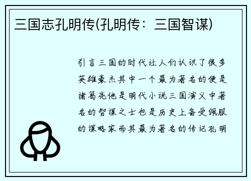 三国志孔明传(孔明传：三国智谋)